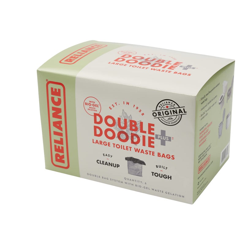 Reliance Products Double Doodie Plus with BIO-Gel | Large Portable Toilet Waste Bags | Family-Sized 6 Pack, Gray, 9.2 Inch x 4.9 Inch x 6.0 Inch - Image 1